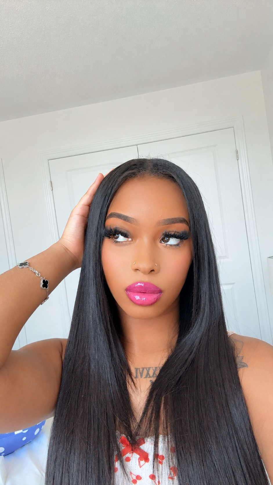Muchos Besos Bright Pink shade worn on model