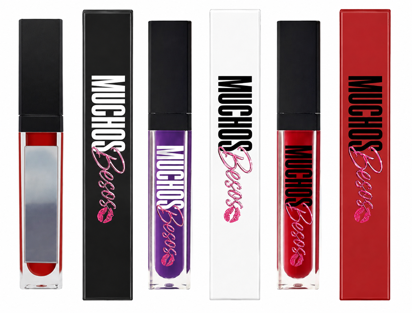 Muchos Besos lip gloss collection – Red, Purple and packaging