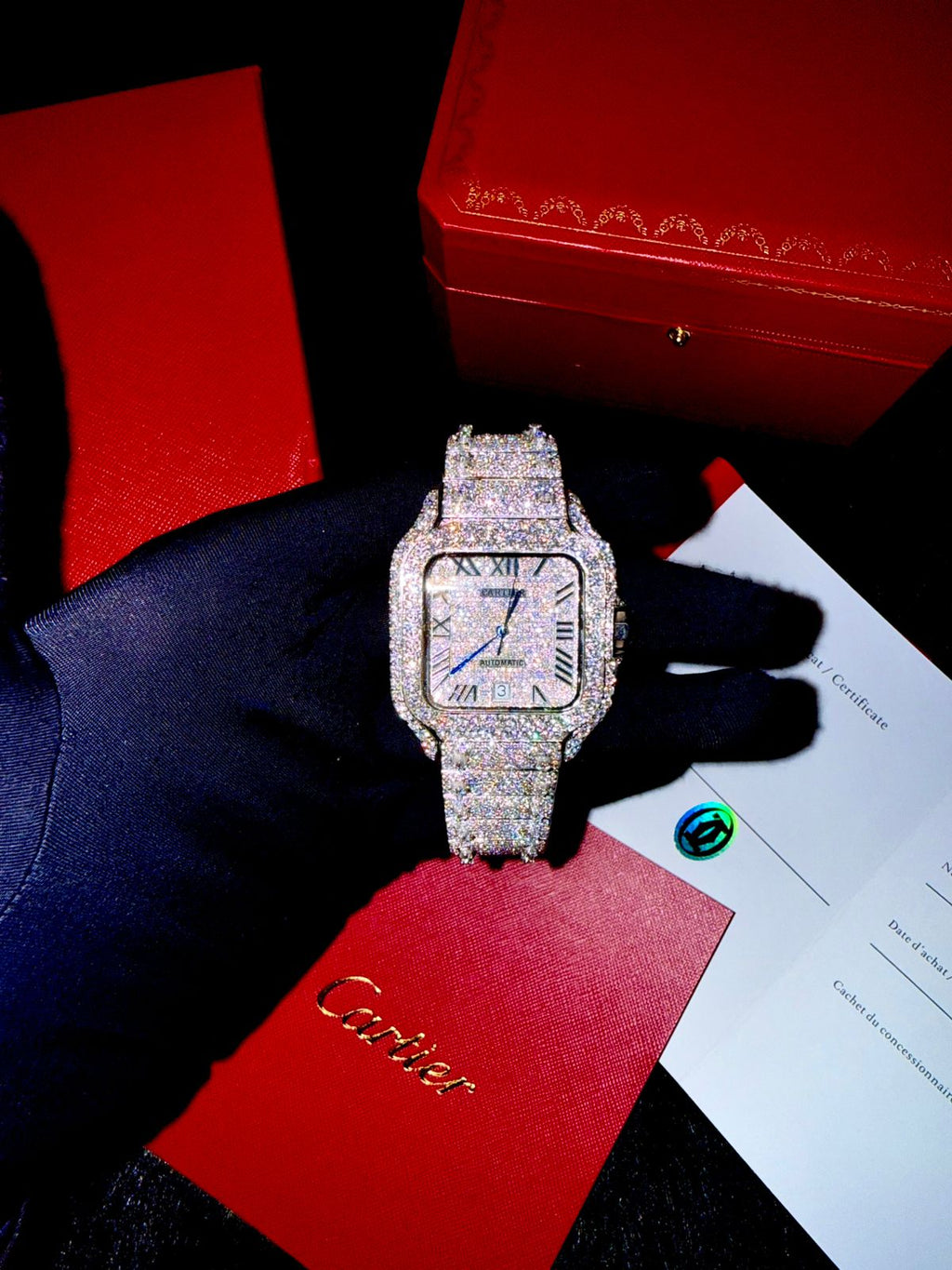 Iced Out Cartier Santos Diamond Watch with Certificate