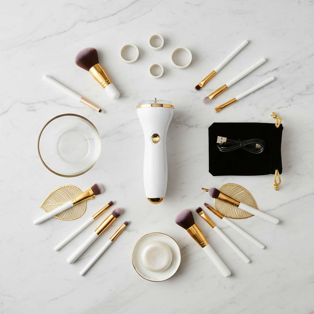 Flat lay of electric makeup brush cleaner kit with brushes on marble surface