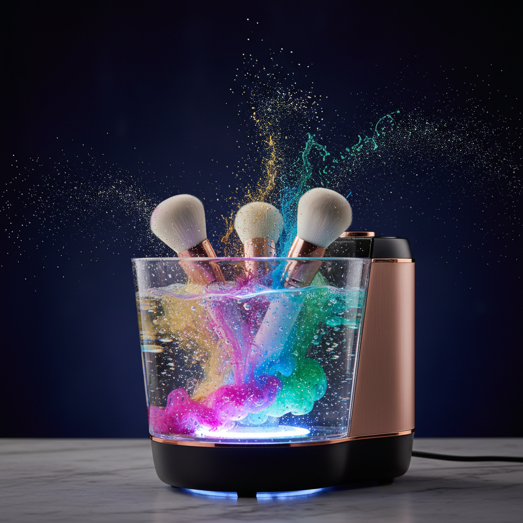 Electric makeup brush cleaner spinning brushes with colorful pigment swirling off